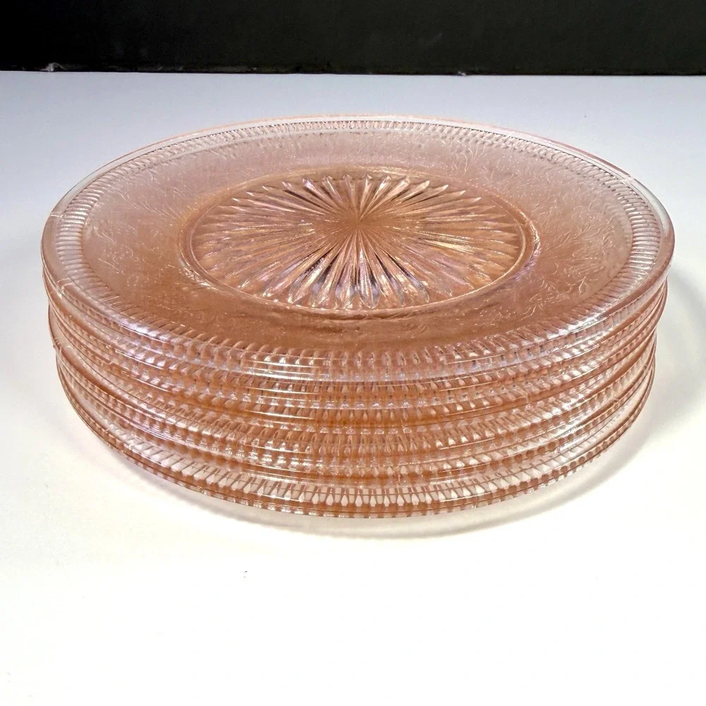 VTG U.S. Glass Strawberry Pink Depression Glass Bread & Butter Plates Set of 6